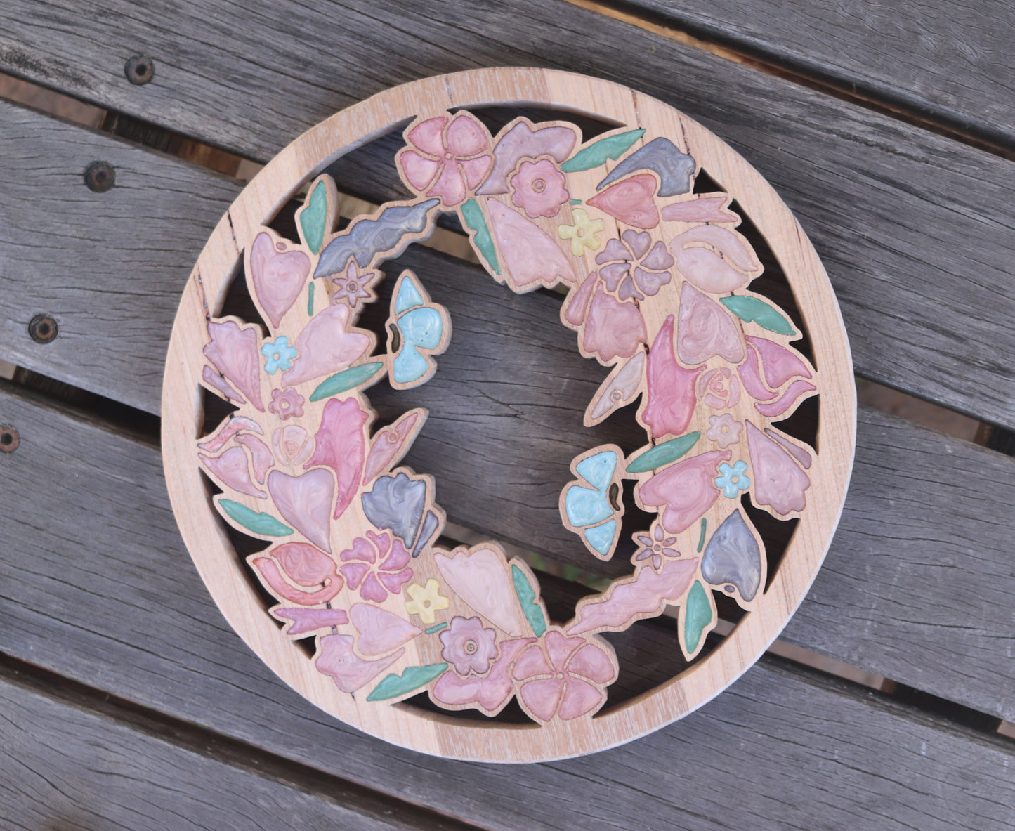 Wild Flowers and Butterflies Wood Wall Art - Handcrafted Floral Decor - Circle