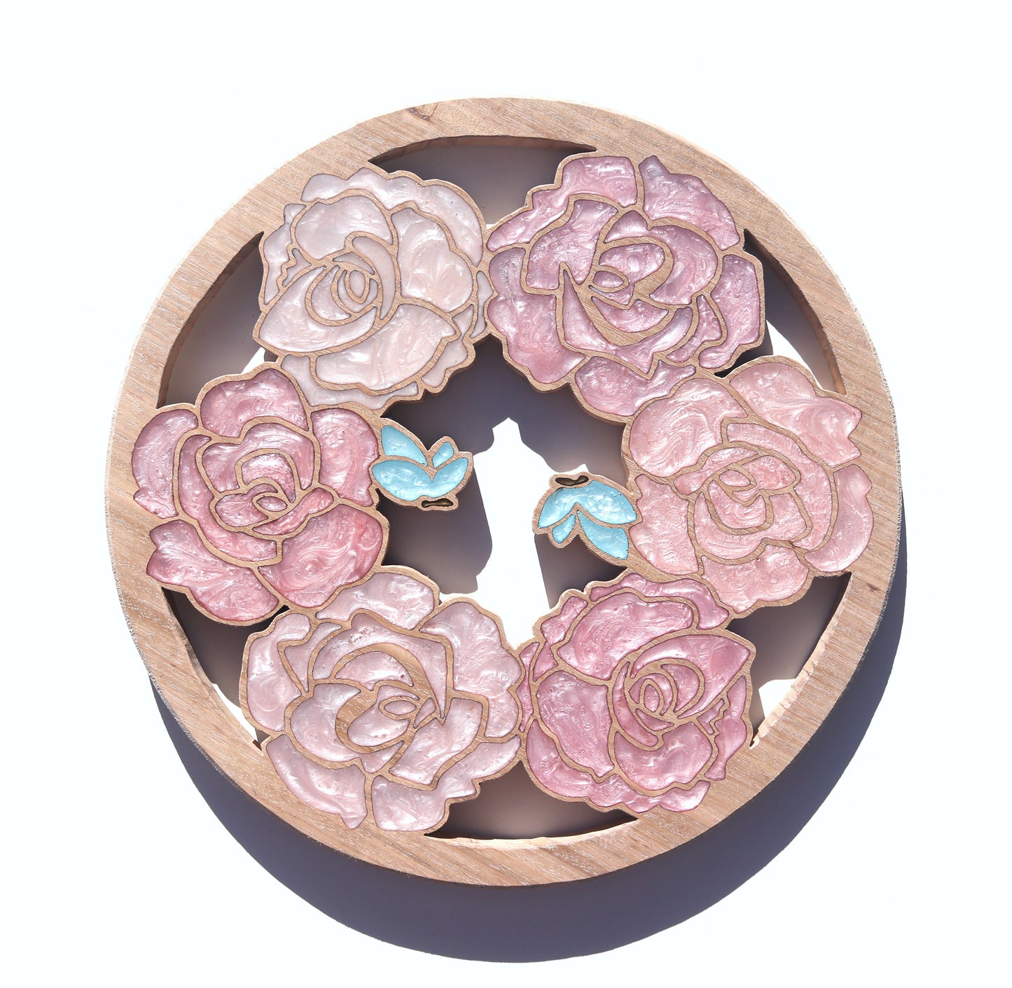 Wood Wall Art - Summer Roses and Butterflies - Circle
