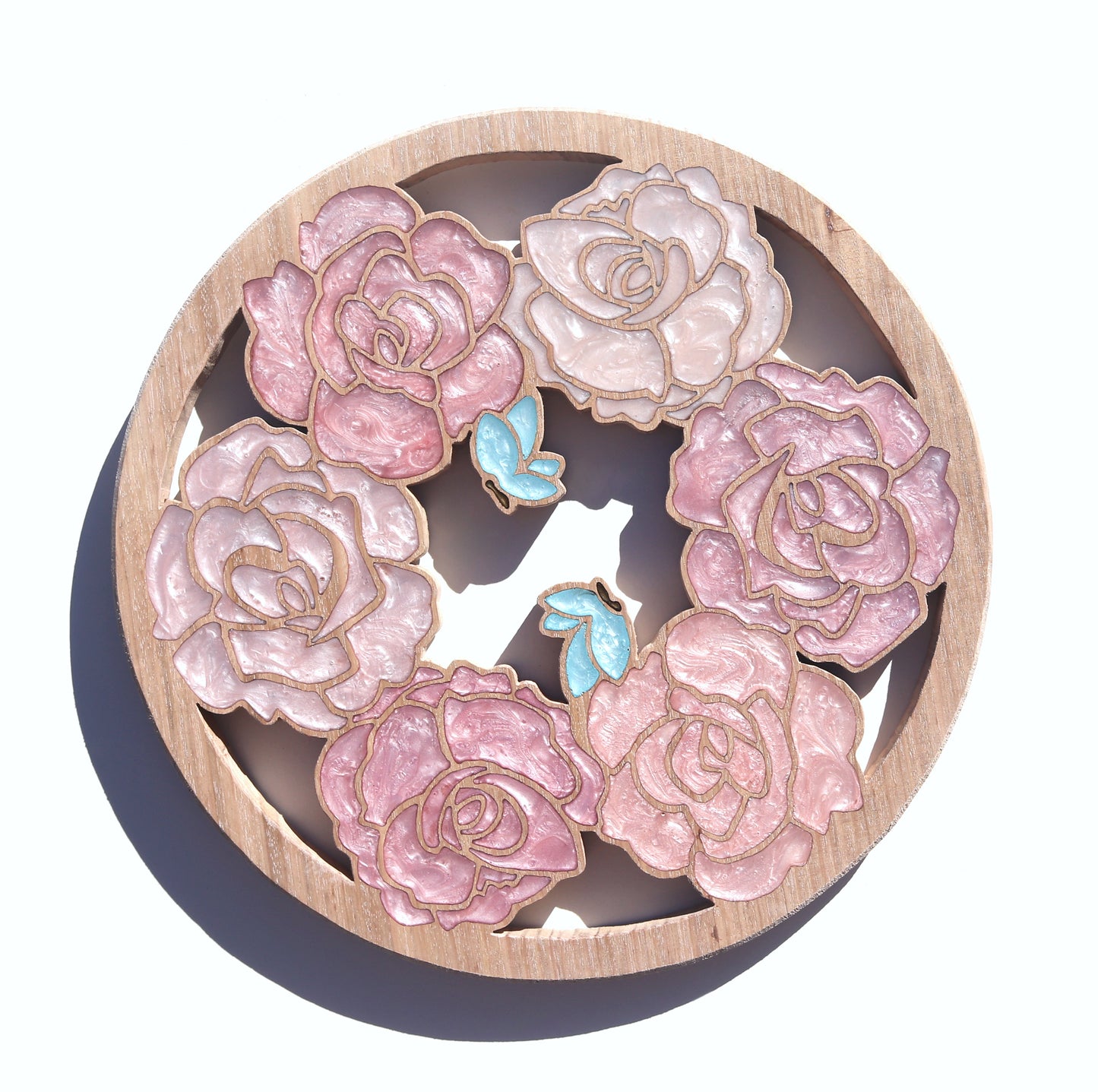 Wood Wall Art - Summer Roses and Butterflies - Circle