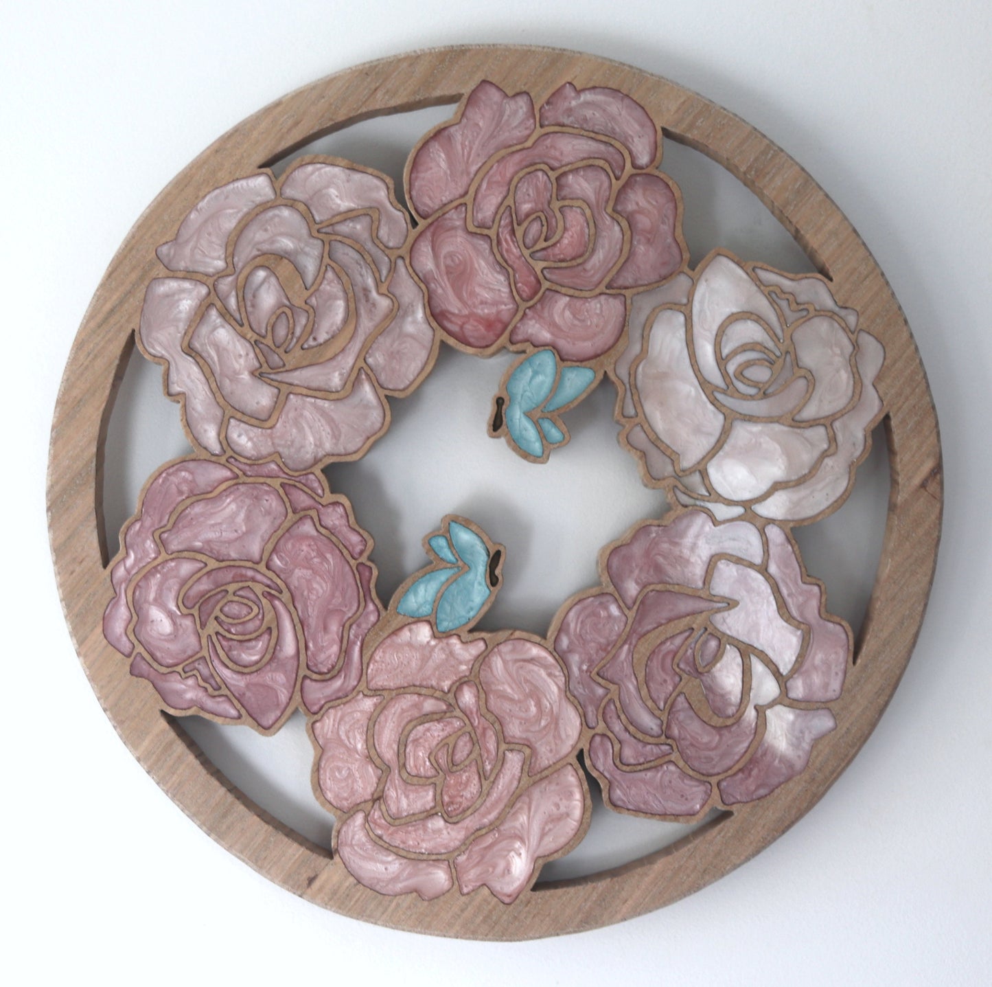 Wood Wall Art - Summer Roses and Butterflies - Circle