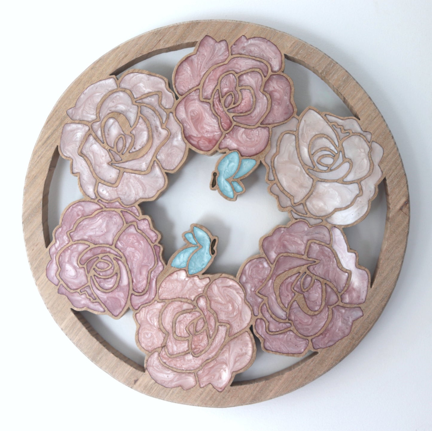 Wood Wall Art - Summer Roses and Butterflies - Circle
