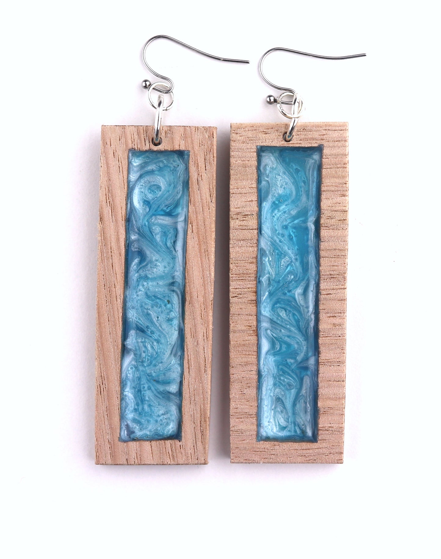 Aurora Wood Earrings in Blue Edge, handcrafted resin and wood earrings