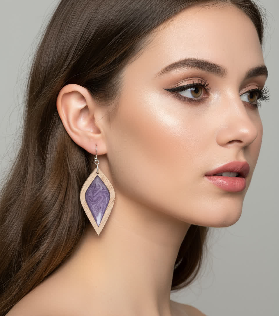 Aurora Earrings – Large Purple Petal – Wood & Resin Jewellery