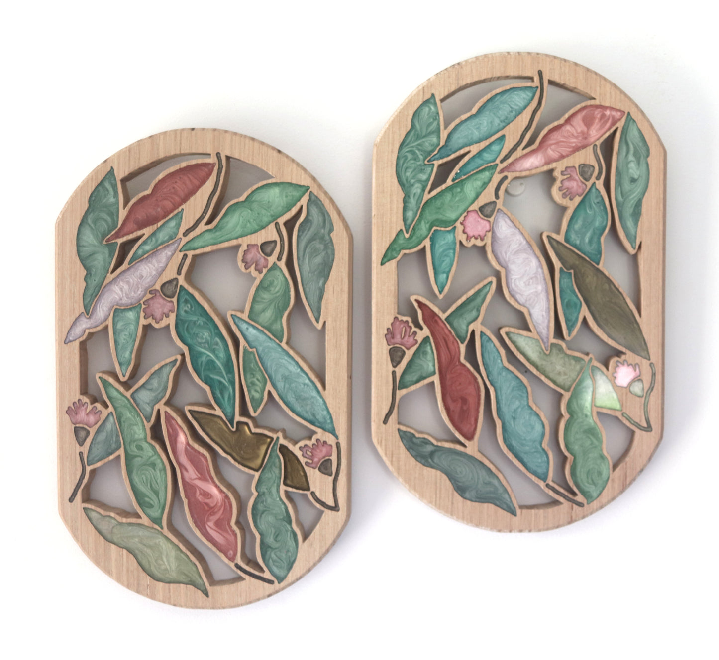 Gum nuts and Leaves inlaid wall art by Sands Wood, featuring intricate resin design and natural wood, perfect for rustic or nature-inspired home decor.