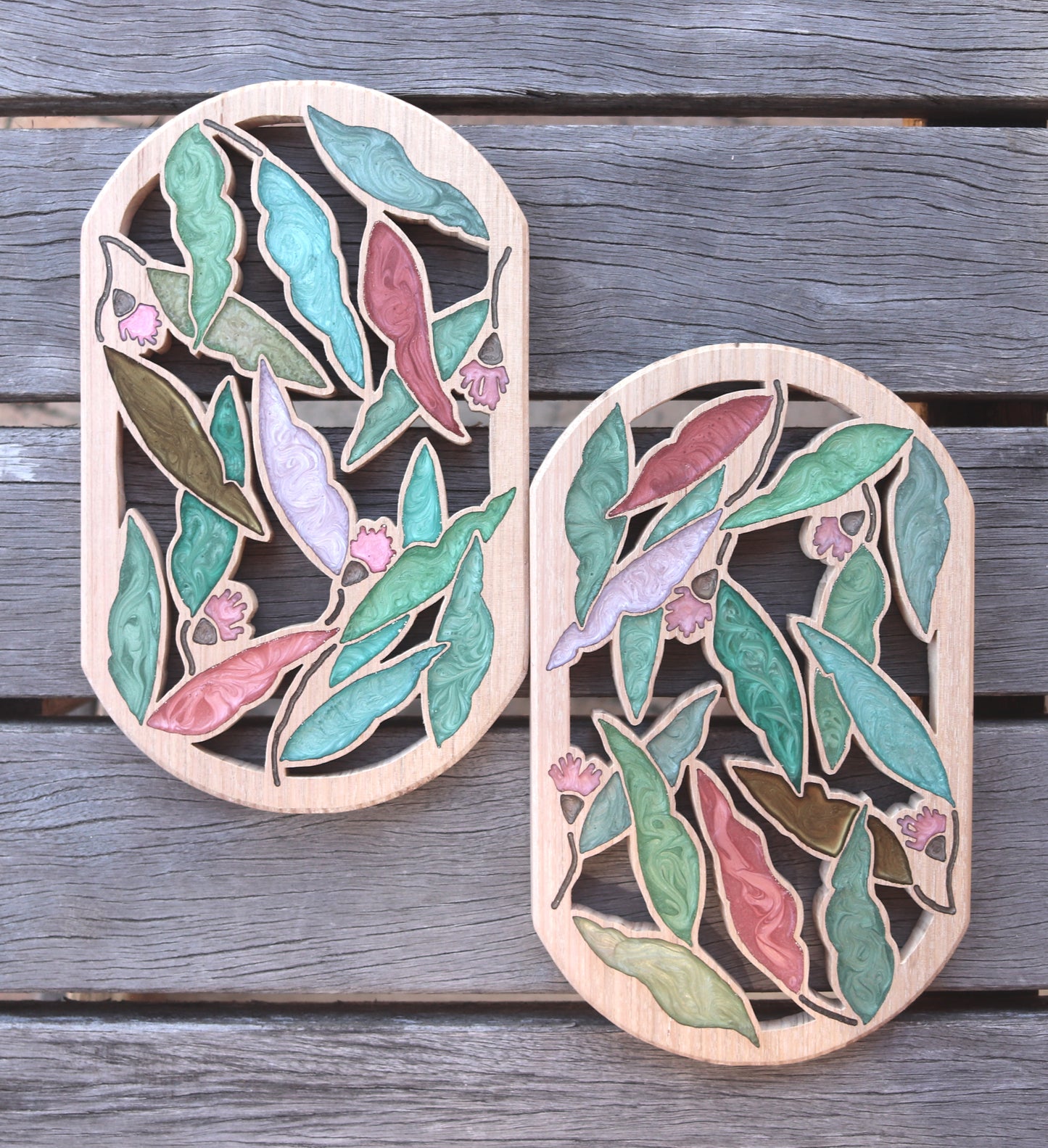 Gum nuts and Leaves inlaid wall art by Sands Wood, featuring intricate resin design and natural wood, perfect for rustic or nature-inspired home decor.