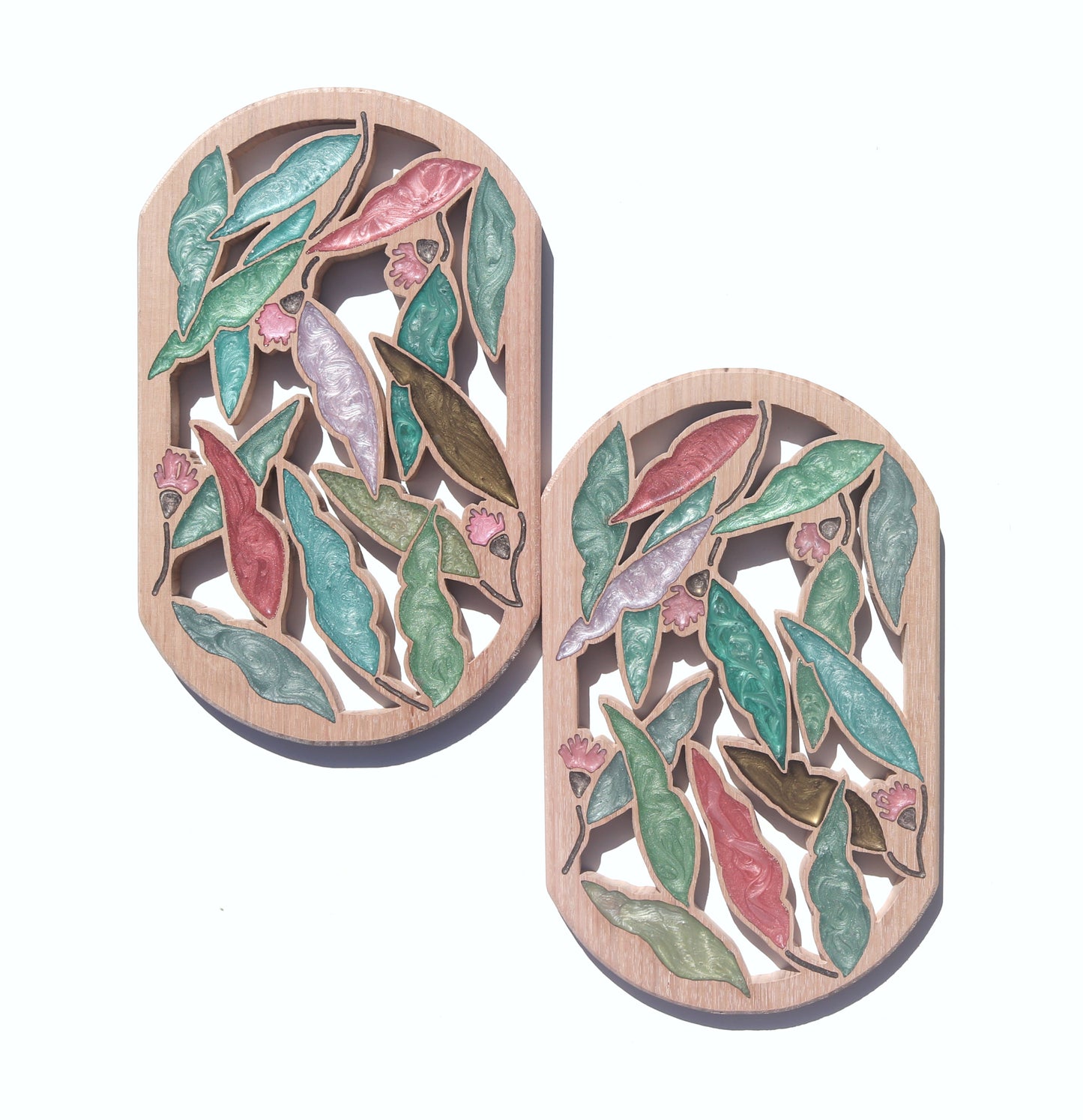 Gum nuts and Leaves inlaid wall art by Sands Wood, featuring intricate resin design and natural wood, perfect for rustic or nature-inspired home decor.
