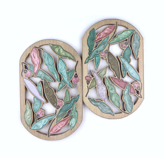 Gum nuts and Leaves inlaid wall art by Sands Wood, featuring intricate resin design and natural wood, perfect for rustic or nature-inspired home decor.