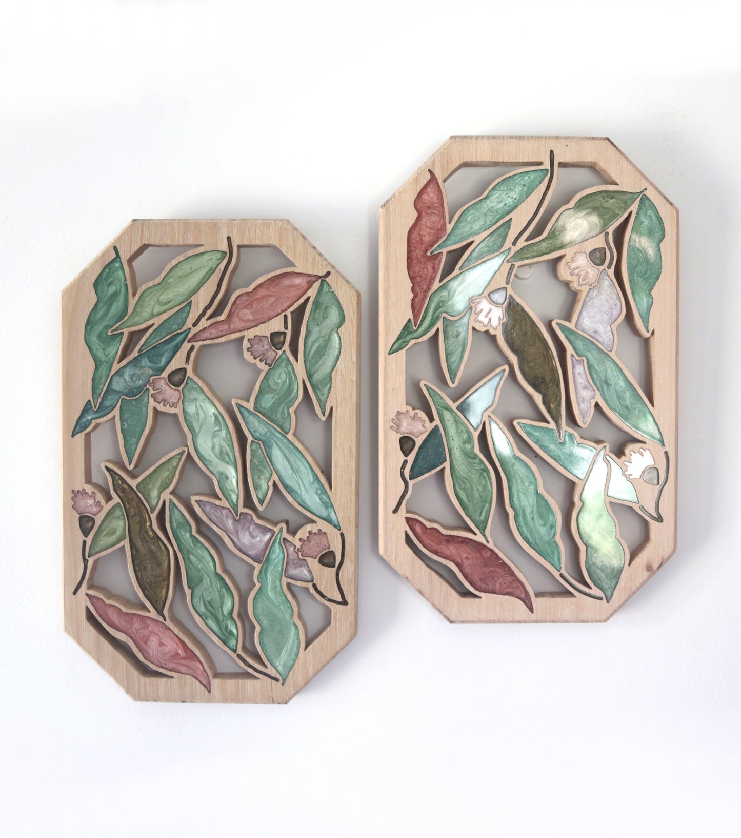 Gum nuts and Leaves inlaid wall art by Sands Wood, featuring intricate resin design and natural wood, perfect for rustic or nature-inspired home decor.