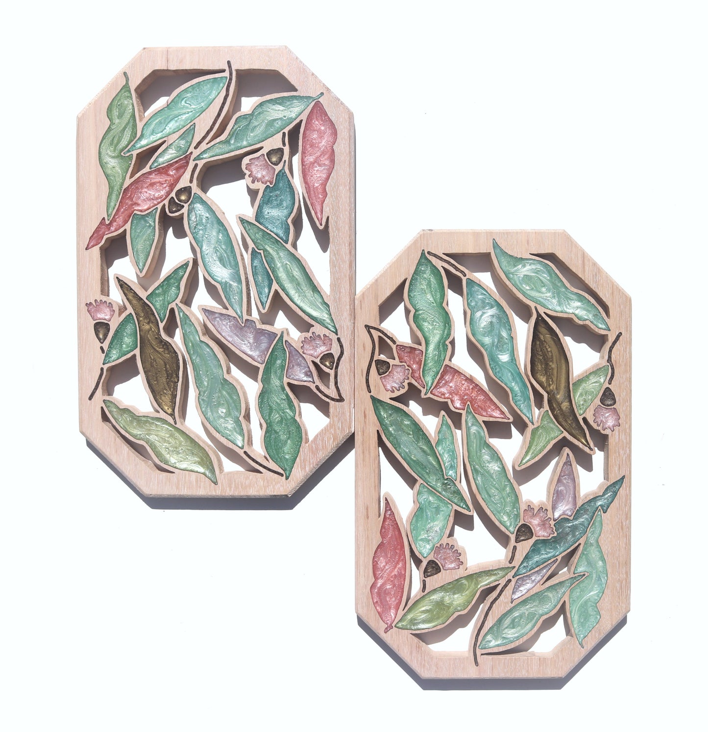 Gum nuts and Leaves inlaid wall art by Sands Wood, featuring intricate resin design and natural wood, perfect for rustic or nature-inspired home decor.