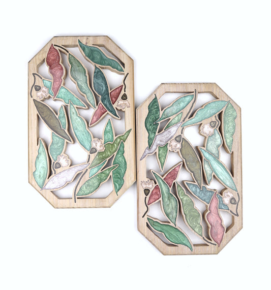 Gum nuts and Leaves inlaid wall art by Sands Wood, featuring intricate resin design and natural wood, perfect for rustic or nature-inspired home decor.