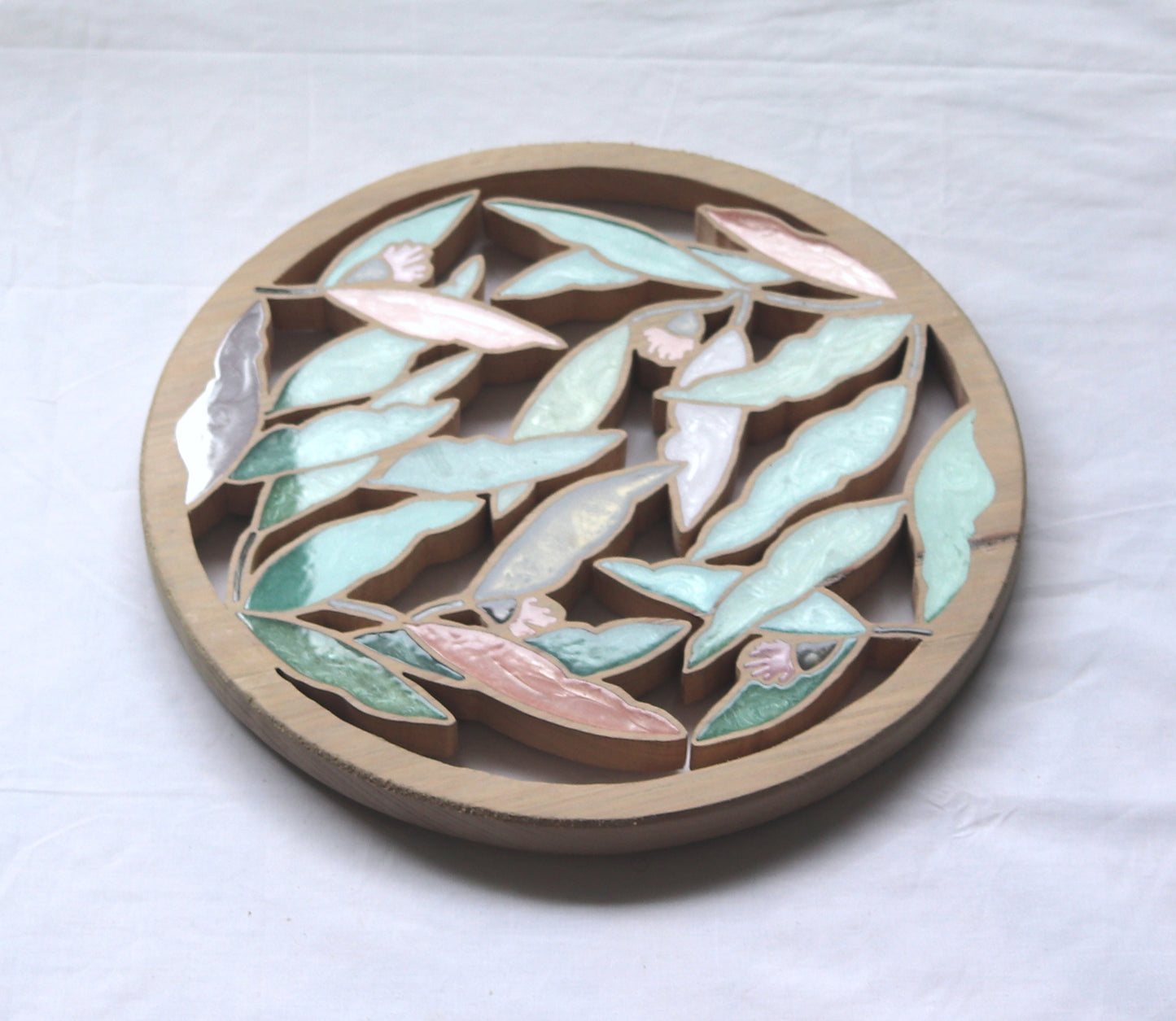 Gum nuts and Leaves inlaid wall art by Sands Wood, featuring intricate resin design and natural wood, perfect for rustic or bush inspired home decor.