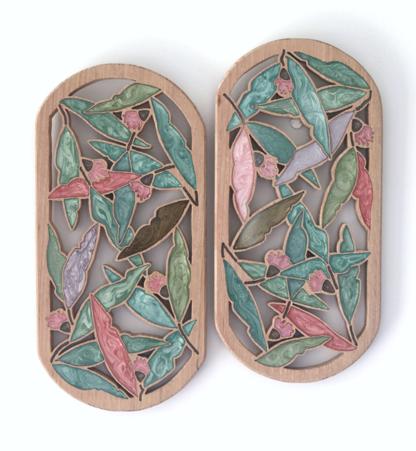 Gum nuts and Leaves inlaid wall art by Sands Wood, featuring intricate resin design and natural wood, perfect for rustic or nature-inspired home decor.