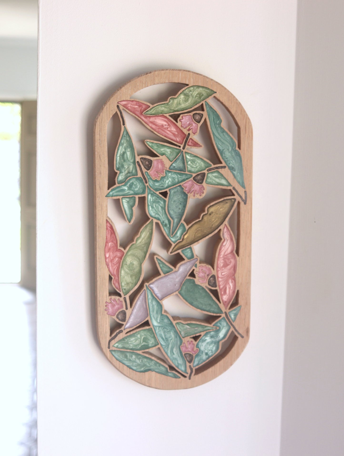 Gum nuts and Leaves inlaid wall art by Sands Wood, featuring intricate resin design and natural wood, perfect for rustic or nature-inspired home decor.