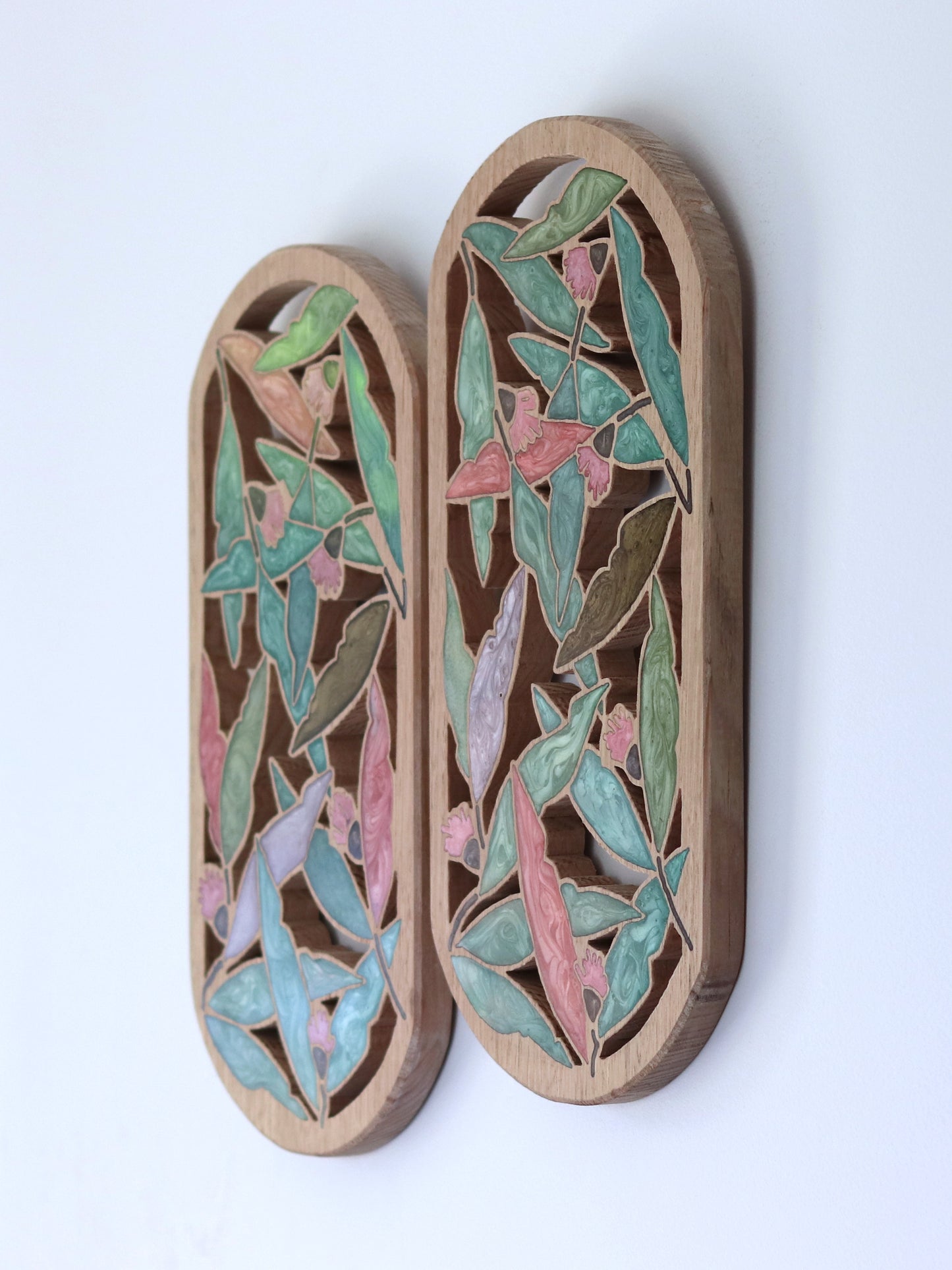 Gum nuts and Leaves inlaid wall art by Sands Wood, featuring intricate resin design and natural wood, perfect for rustic or nature-inspired home decor.