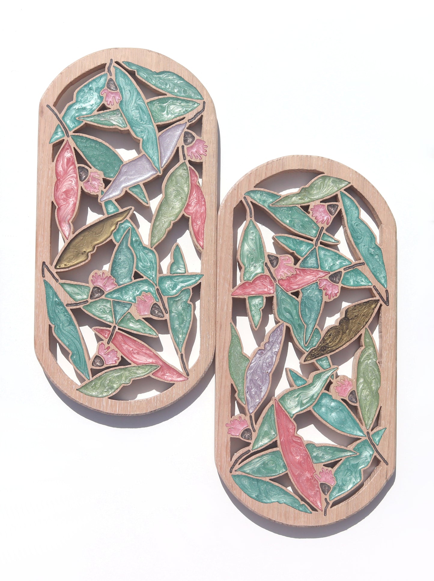 Gum nuts and Leaves inlaid wall art by Sands Wood, featuring intricate resin design and natural wood, perfect for rustic or nature-inspired home decor.