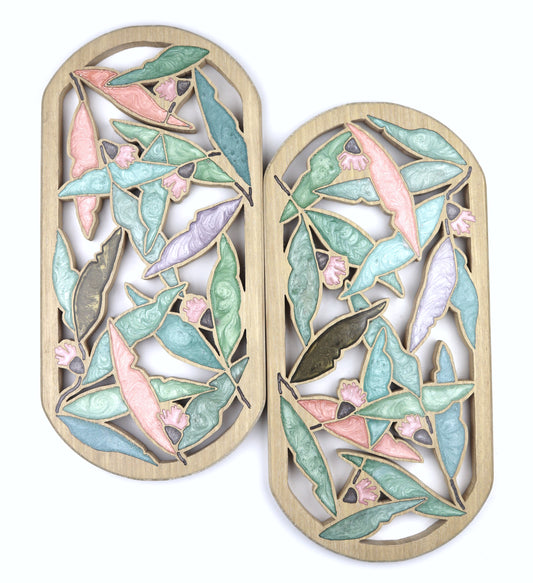 Gum nuts and Leaves inlaid wall art by Sands Wood, featuring intricate resin design and natural wood, perfect for rustic or nature-inspired home decor.