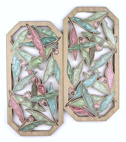 Gum nuts and Leaves inlaid wall art by Sands Wood, featuring intricate resin design and natural wood, perfect for rustic or nature-inspired home decor.