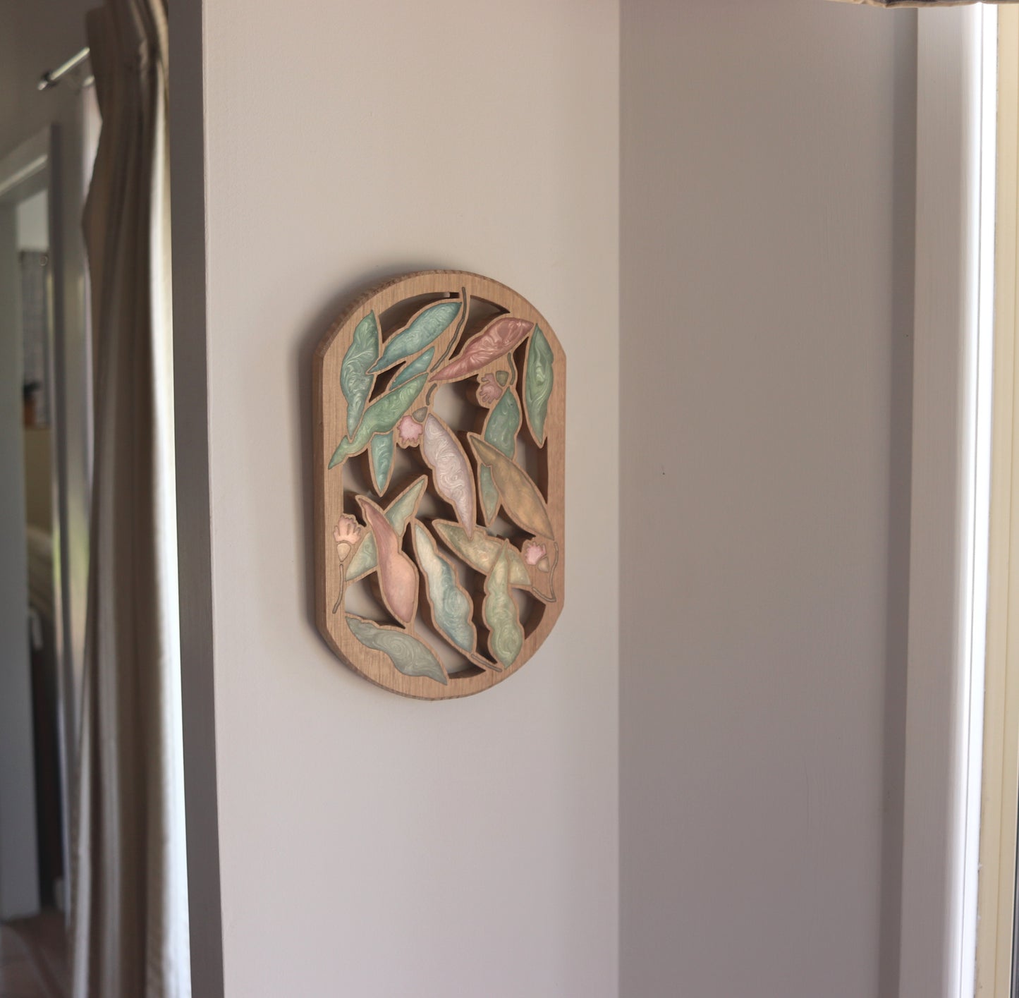 Gum nuts and Leaves inlaid wall art by Sands Wood, featuring intricate resin design and natural wood, perfect for rustic or nature-inspired home decor.