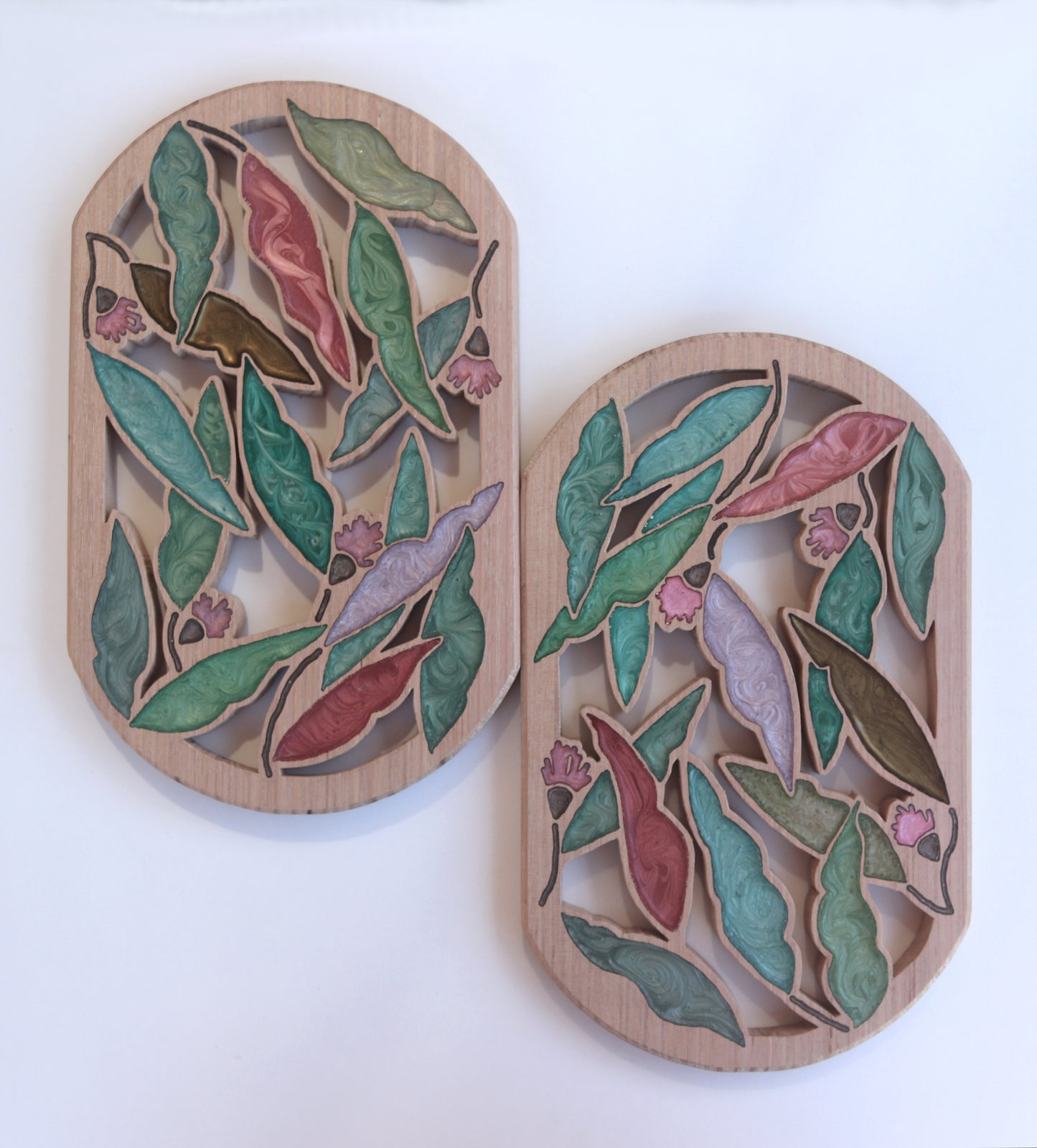 Gum nuts and Leaves inlaid wall art by Sands Wood, featuring intricate resin design and natural wood, perfect for rustic or nature-inspired home decor.