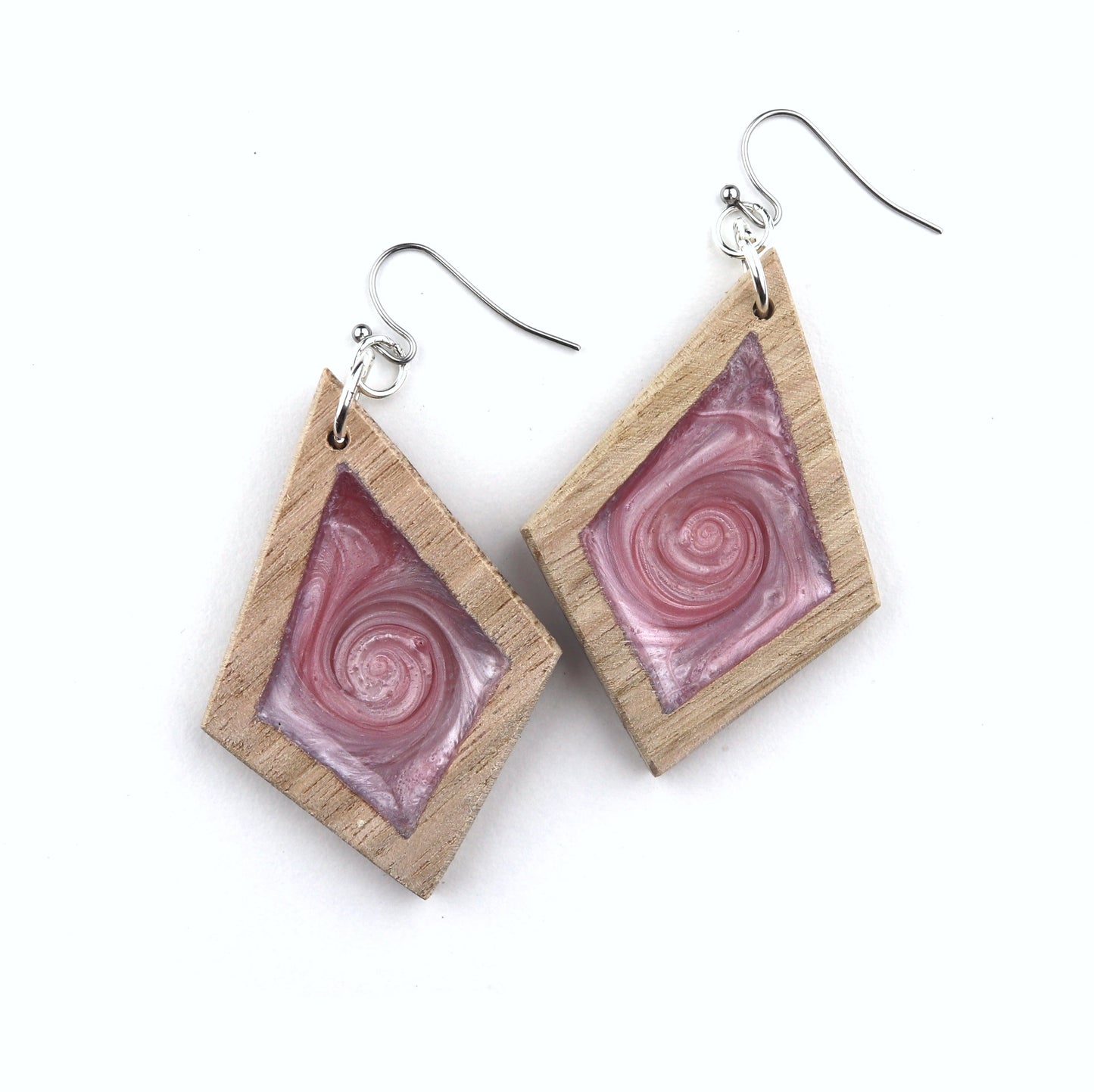 Aurora Wood Earrings in Ice Pink, handcrafted resin and wood earrings