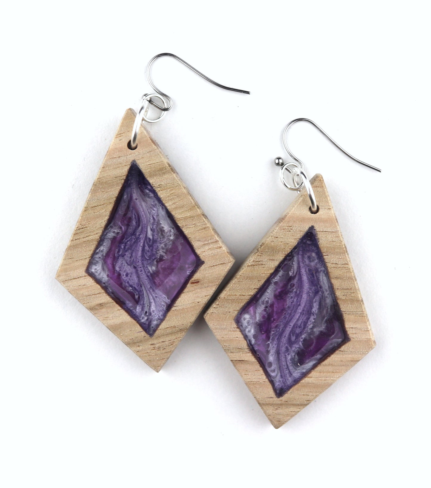 Aurora Wood Earrings in Mystic Purple, handcrafted resin and wood earrings