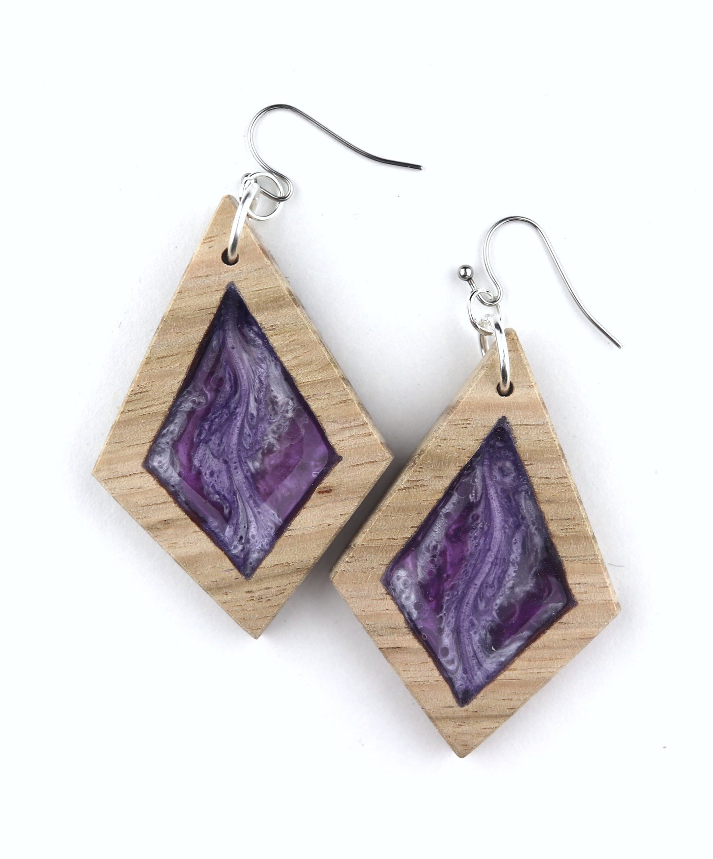 Aurora Wood Earrings in Mystic Purple, handcrafted resin and wood earrings