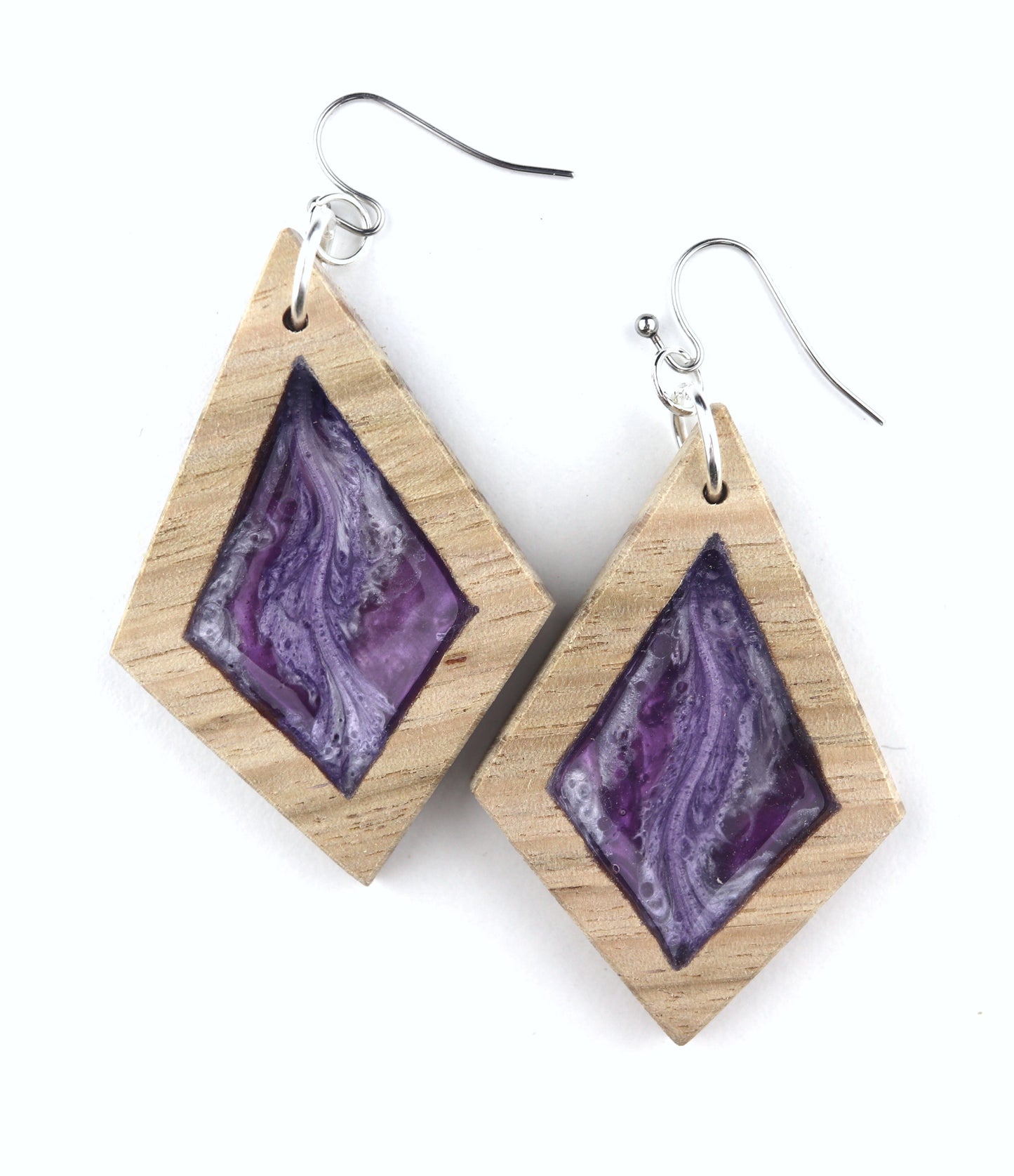 Aurora Wood Earrings in Mystic Purple, handcrafted resin and wood earrings