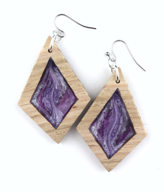 Aurora Wood Earrings in Mystic Purple, handcrafted resin and wood earrings