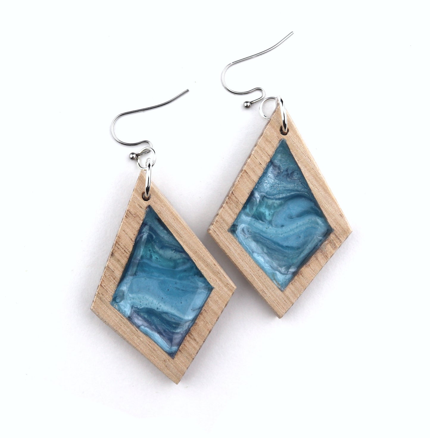 Aurora Wood Earrings in Ocean Blue, handcrafted resin and wood earrings