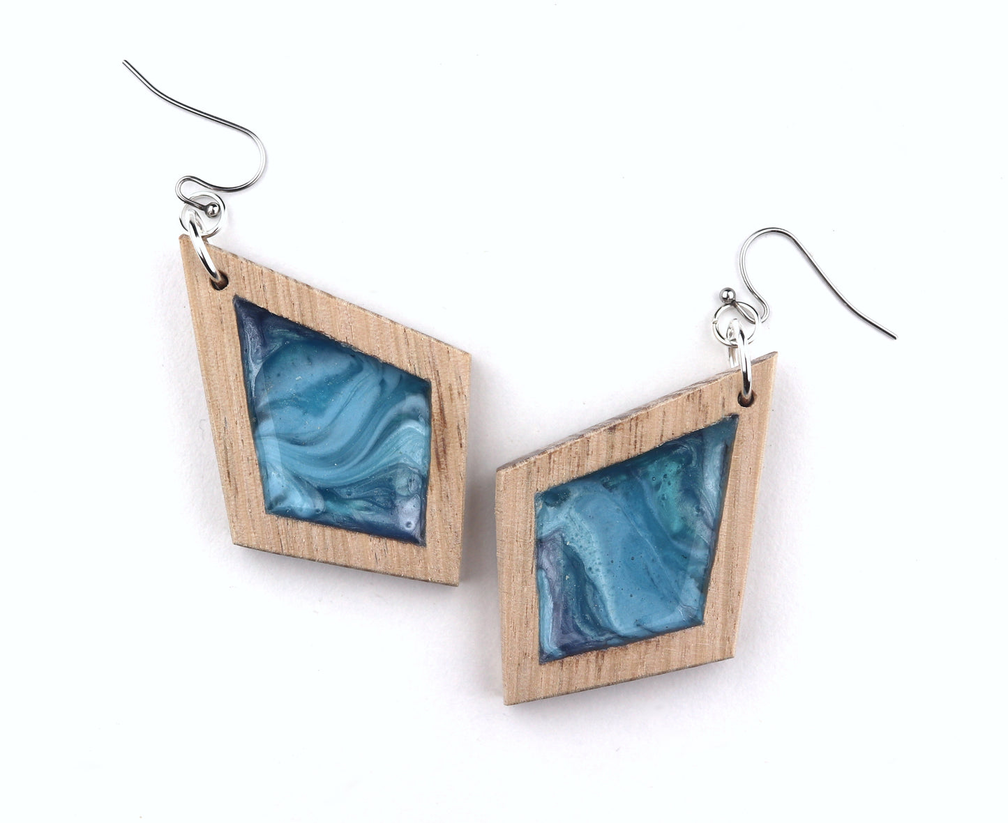 Aurora Wood Earrings in Ocean Blue, handcrafted resin and wood earrings