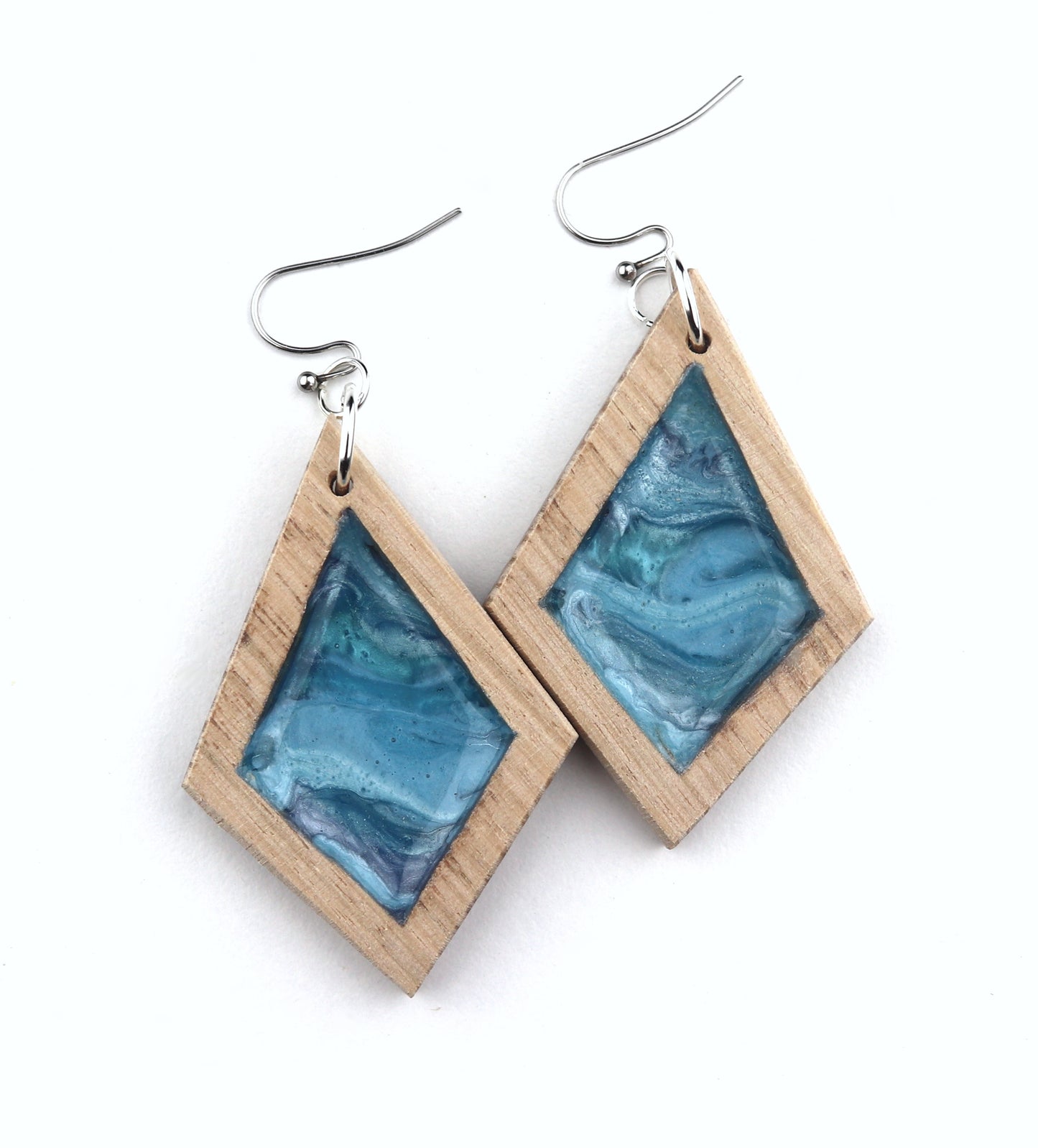 Aurora Wood Earrings in Ocean Blue, handcrafted resin and wood earrings