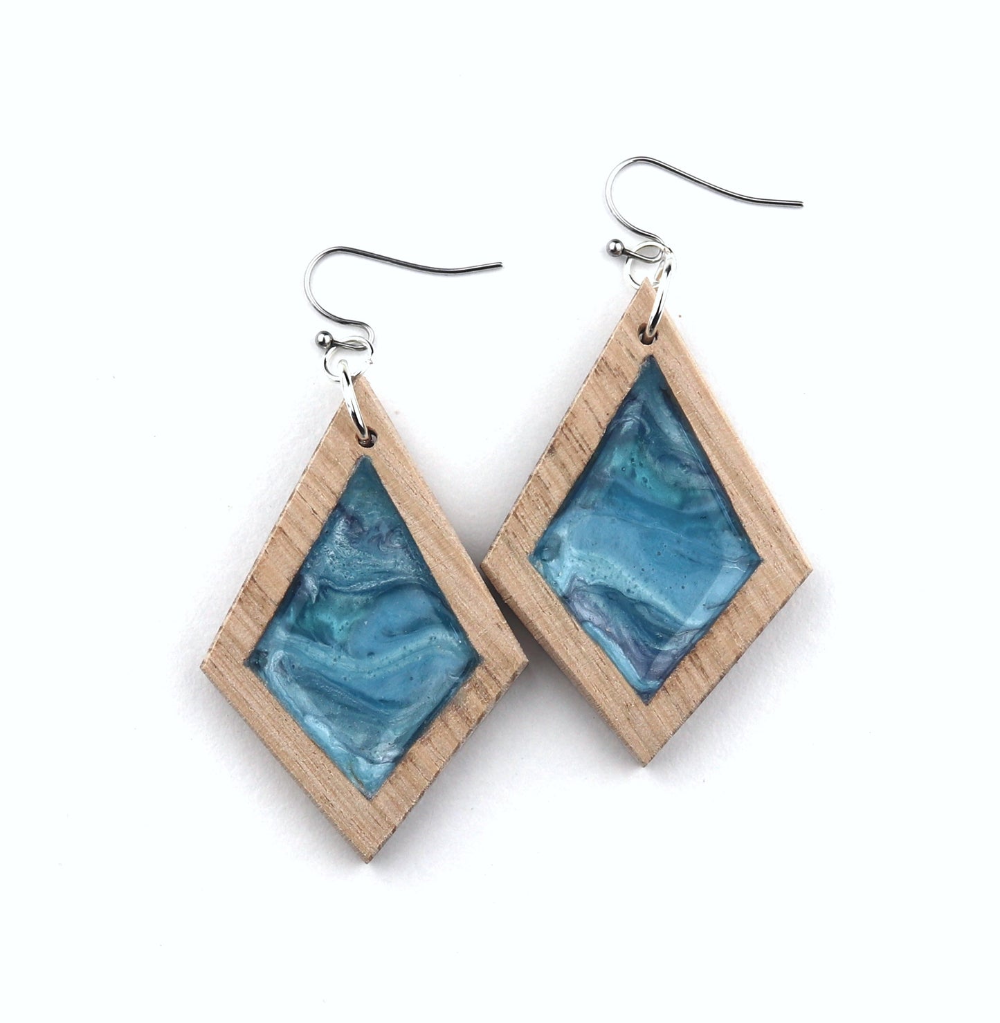 Aurora Wood Earrings in Ocean Blue, handcrafted resin and wood earrings
