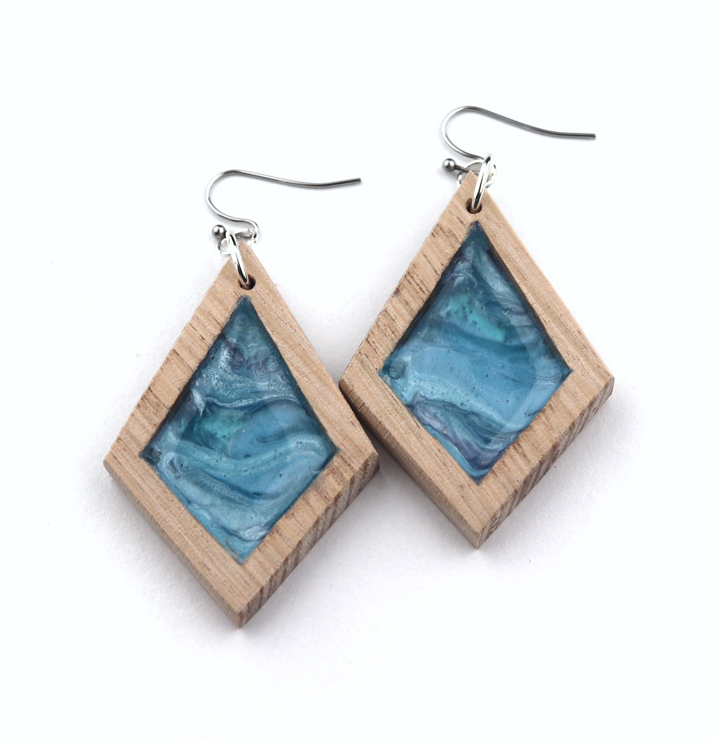 Aurora Wood Earrings in Ocean Blue, handcrafted resin and wood earrings