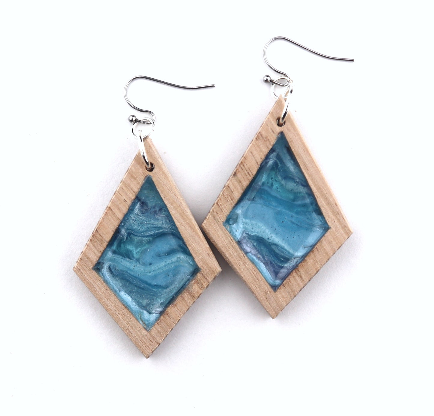 Aurora Wood Earrings in Ocean Blue, handcrafted resin and wood earrings