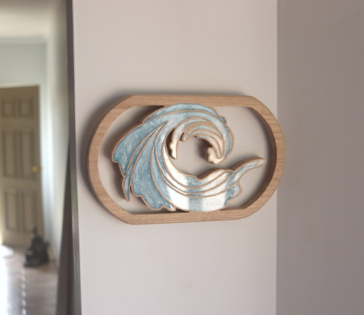 Ocean Waves inlaid wall art by Sands Wood, featuring intricate resin design and natural wood, perfect for rustic or nature-inspired home decor.