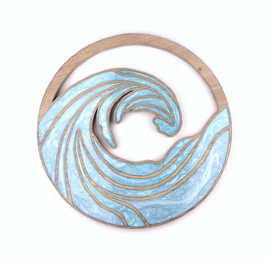 Ocean Waves inlaid wall art by Sands Wood, featuring intricate resin design and natural wood, perfect for coastal inspired home decor.