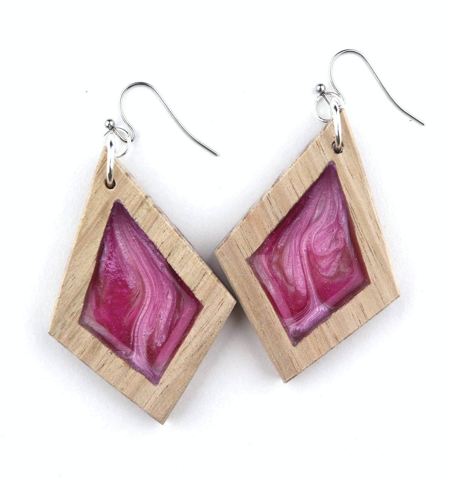 Aurora Wood Earrings in Petal Pink, handcrafted resin and wood earrings