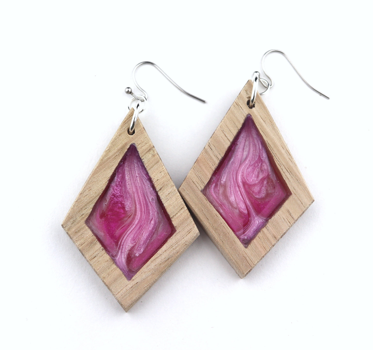 Aurora Wood Earrings in Petal Pink, handcrafted resin and wood earrings