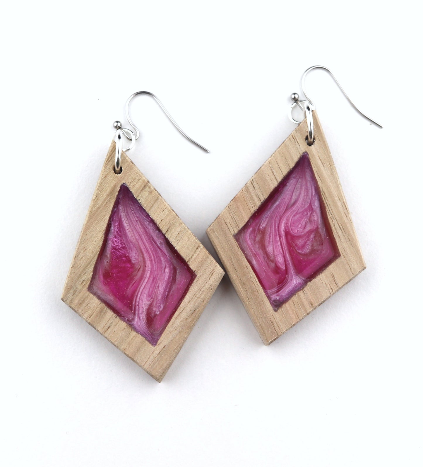 Aurora Wood Earrings in Petal Pink, handcrafted resin and wood earrings