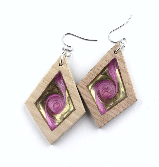 Aurora Wood Earrings in Pink Gold Swirl, handcrafted resin and wood earrings