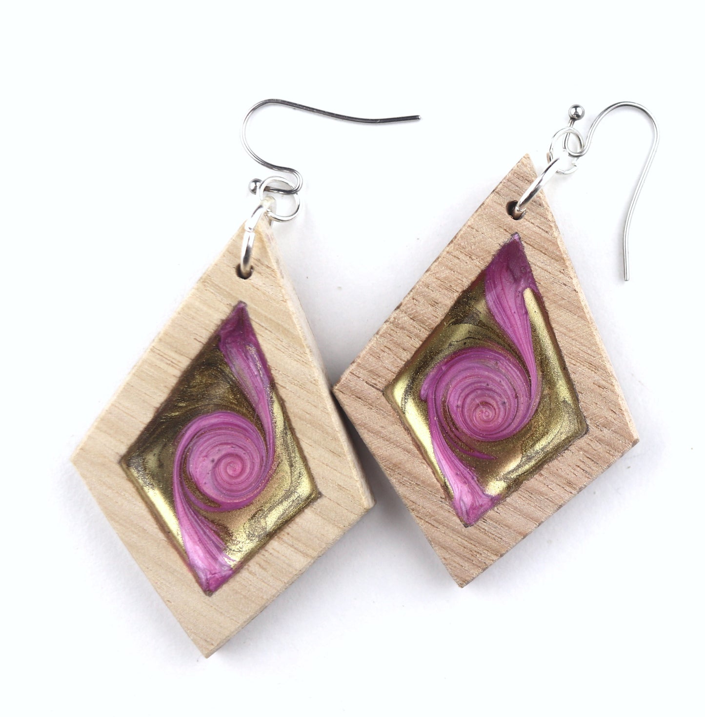 Aurora Wood Earrings in Pink Gold Swirl, handcrafted resin and wood earrings