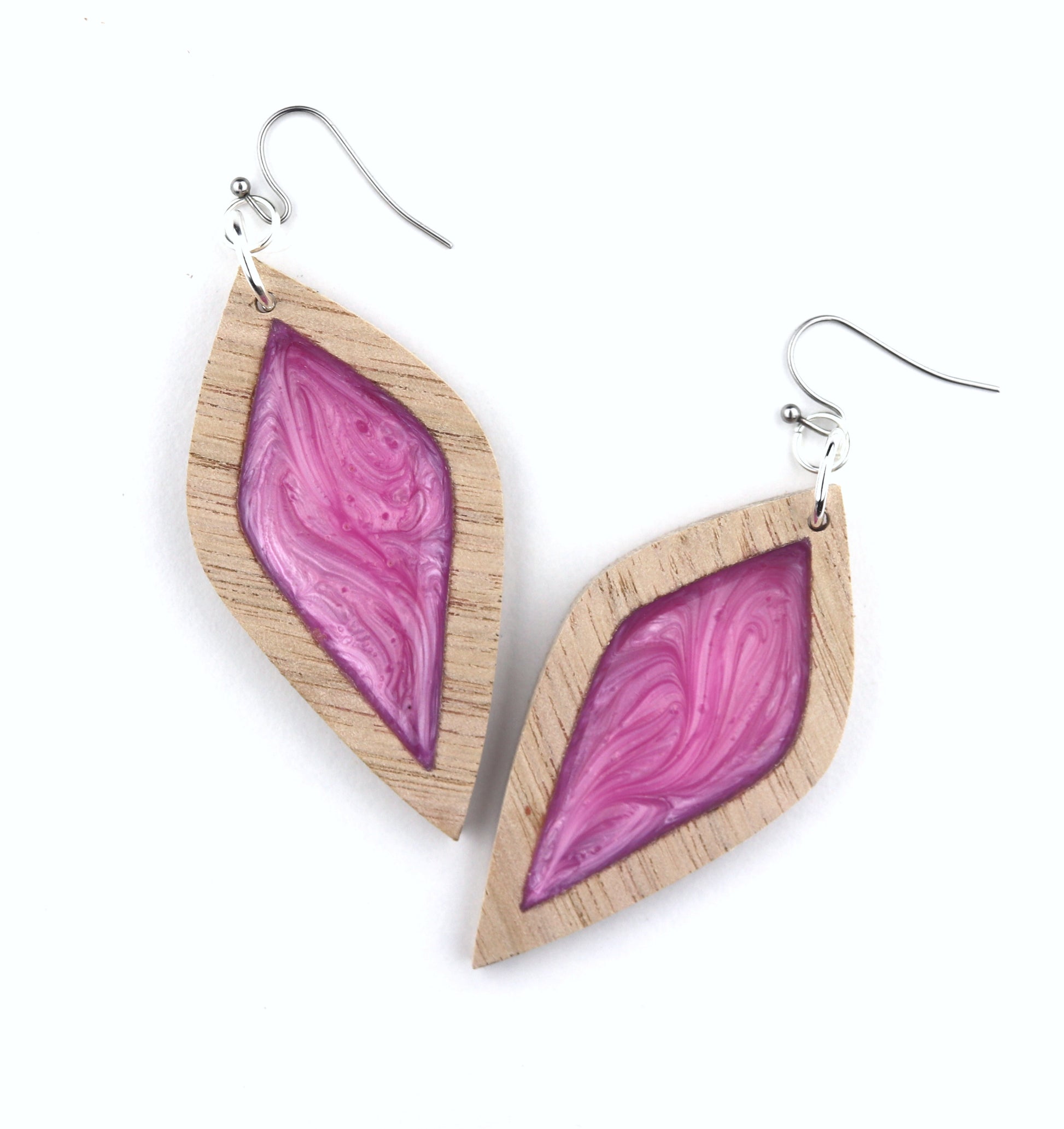 Aurora Wood Earrings in Pink Petal, large, handcrafted resin and wood earrings