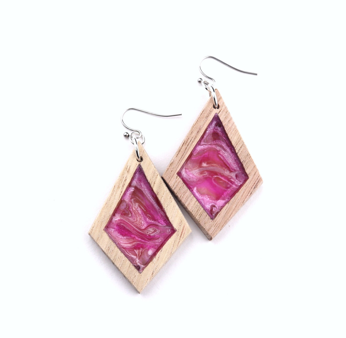 Aurora Wood Earrings in Pink Potion, handcrafted resin and wood earrings