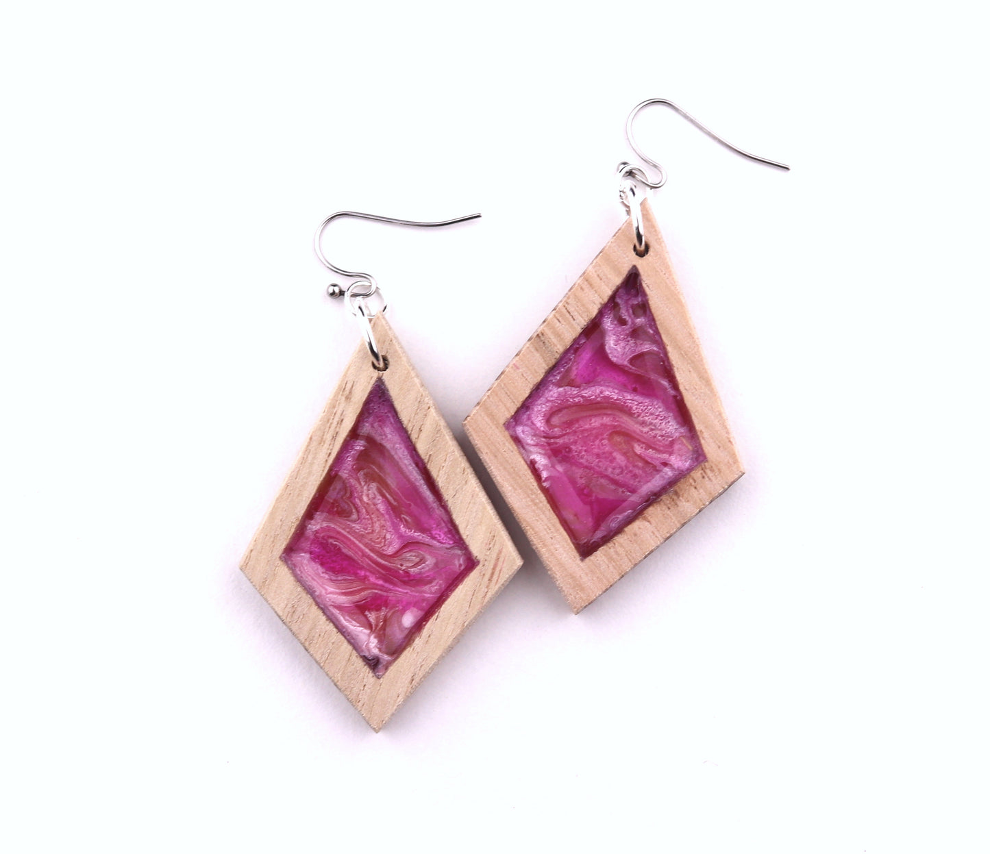 Aurora Wood Earrings in Pink Potion, handcrafted resin and wood earrings