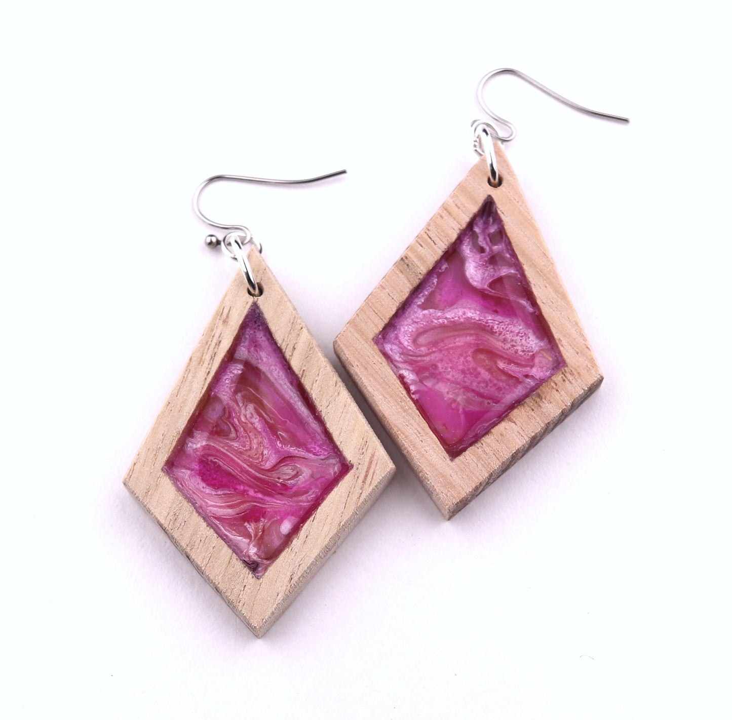 Aurora Wood Earrings in Pink Potion, handcrafted resin and wood earrings