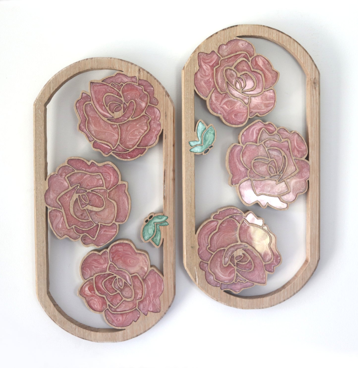 Roses and Butterflies inlaid wall art by Sands Wood, featuring intricate resin design and natural wood, perfect for rustic or nature-inspired home decor.