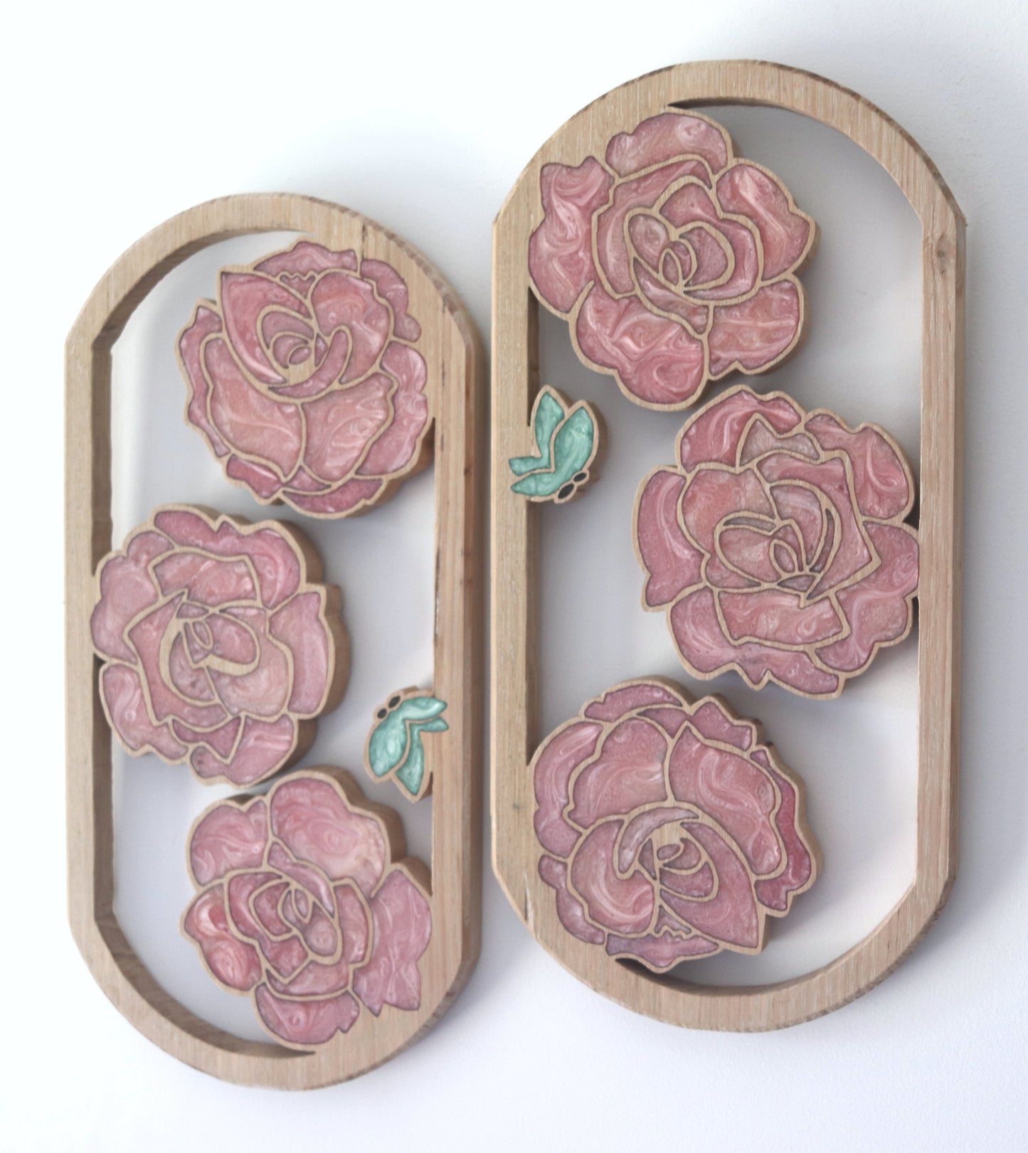 Roses and Butterflies inlaid wall art by Sands Wood, featuring intricate resin design and natural wood, perfect for rustic or nature-inspired home decor.