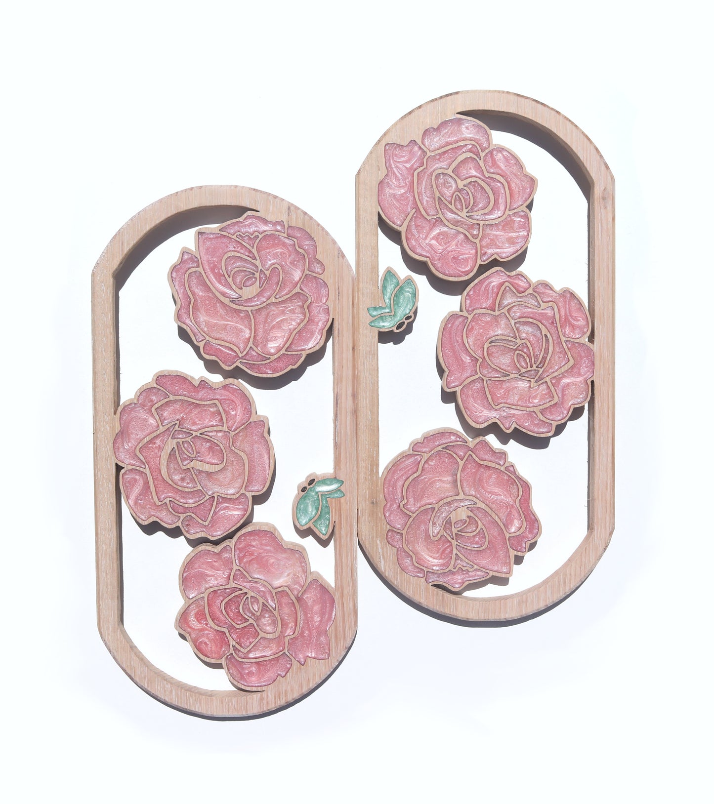 Roses and Butterflies inlaid wall art by Sands Wood, featuring intricate resin design and natural wood, perfect for rustic or nature-inspired home decor.