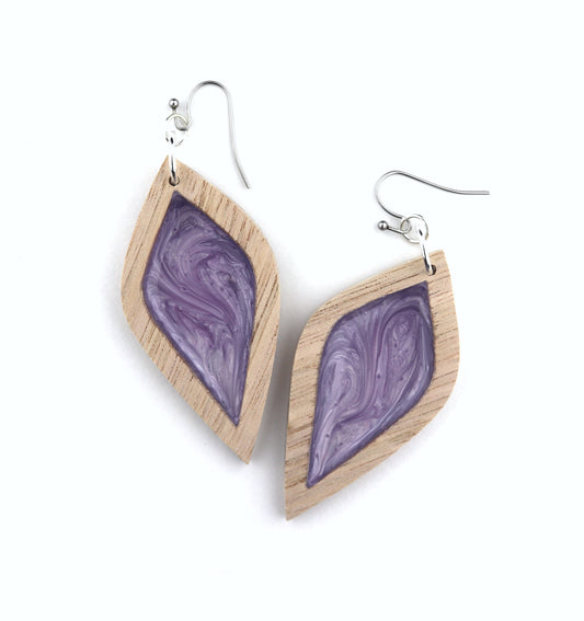 Aurora Wood Earrings in Purple Petal, large, handcrafted resin and wood earrings