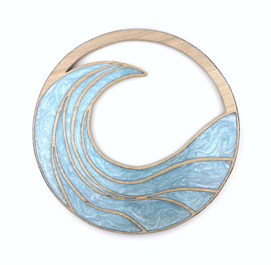 Rising Waves wood wall art by Sands Wood, featuring intricate resin design and natural wood, perfect for coastal or beach inspired home decor.